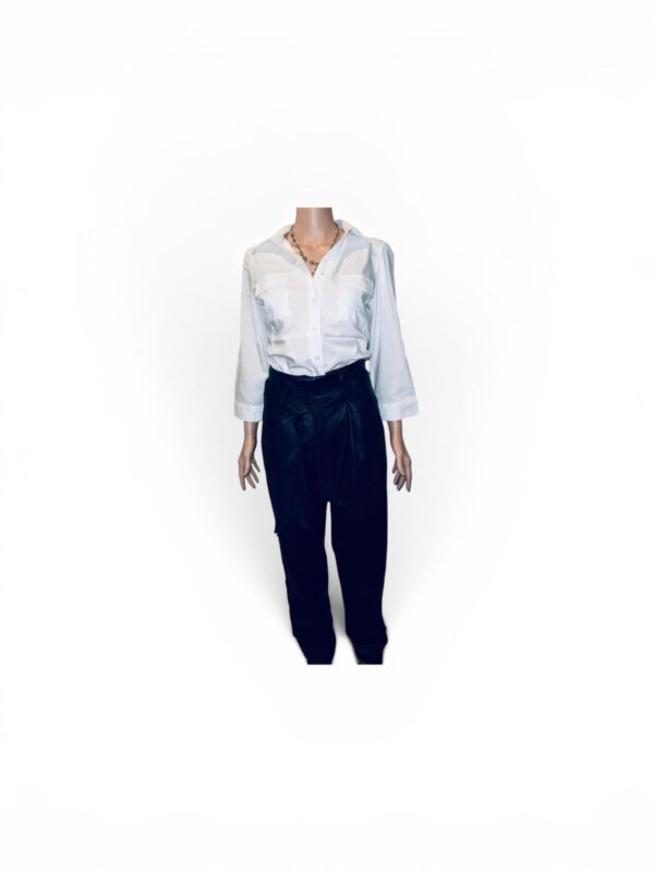 White Button-Up Shirt & Black Belted Pants