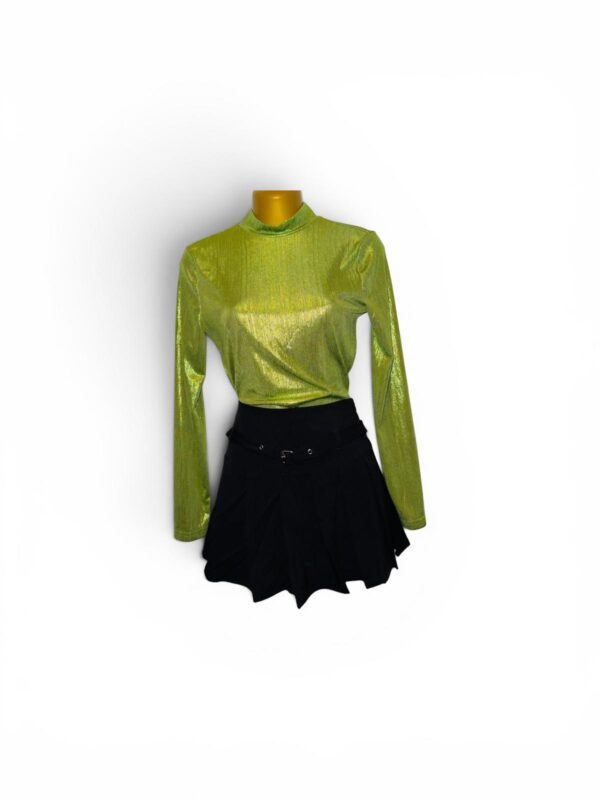 Metallic Green Top & Black Pleated Skirt