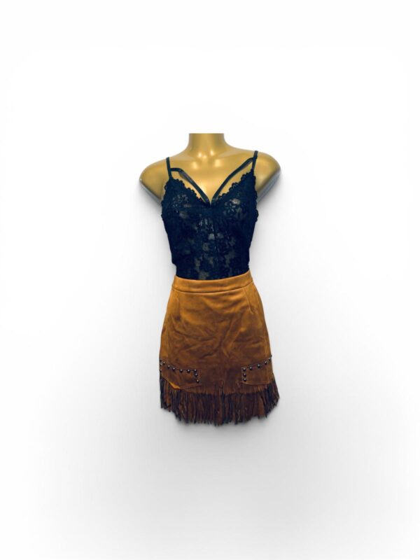 Black Sleeveless Top & Brown Leather Skirt
