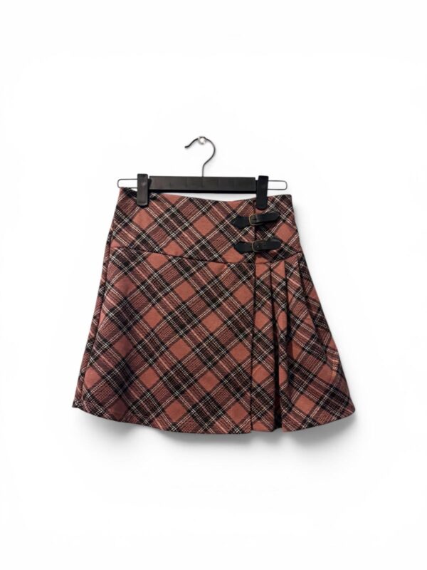 Pink Plaid Mini Skirt with Buckle Detail