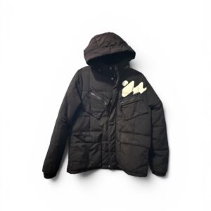 Black Quilted Hooded Jacket with White Logo