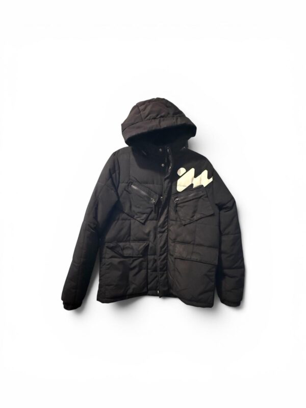 Black Quilted Hooded Jacket with White Logo